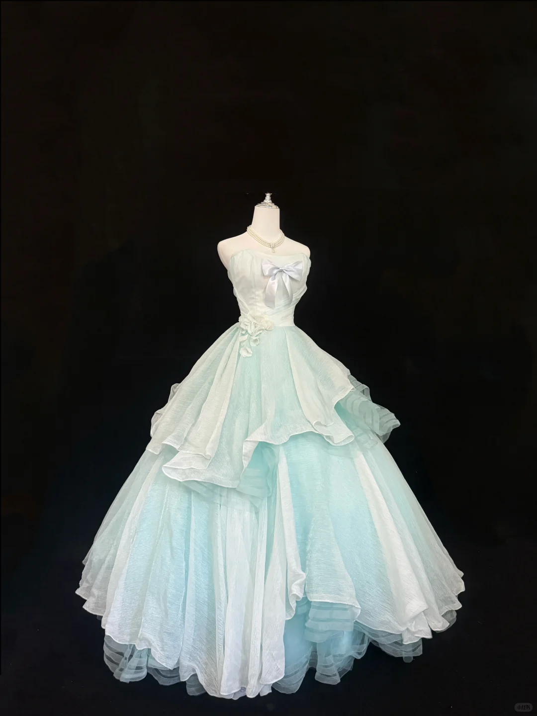 Light Blue and White Color Block Strapless Cinched Waist Voluminous Princess Skirt Romantic Dress, Wedding Gown gh7859