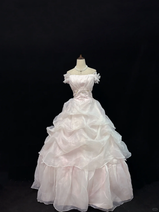 Blush Pink Off Shoulder, Cinched Waist, Voluminous Princess Skirt Romantic Dress, Wedding Gown gh8081
