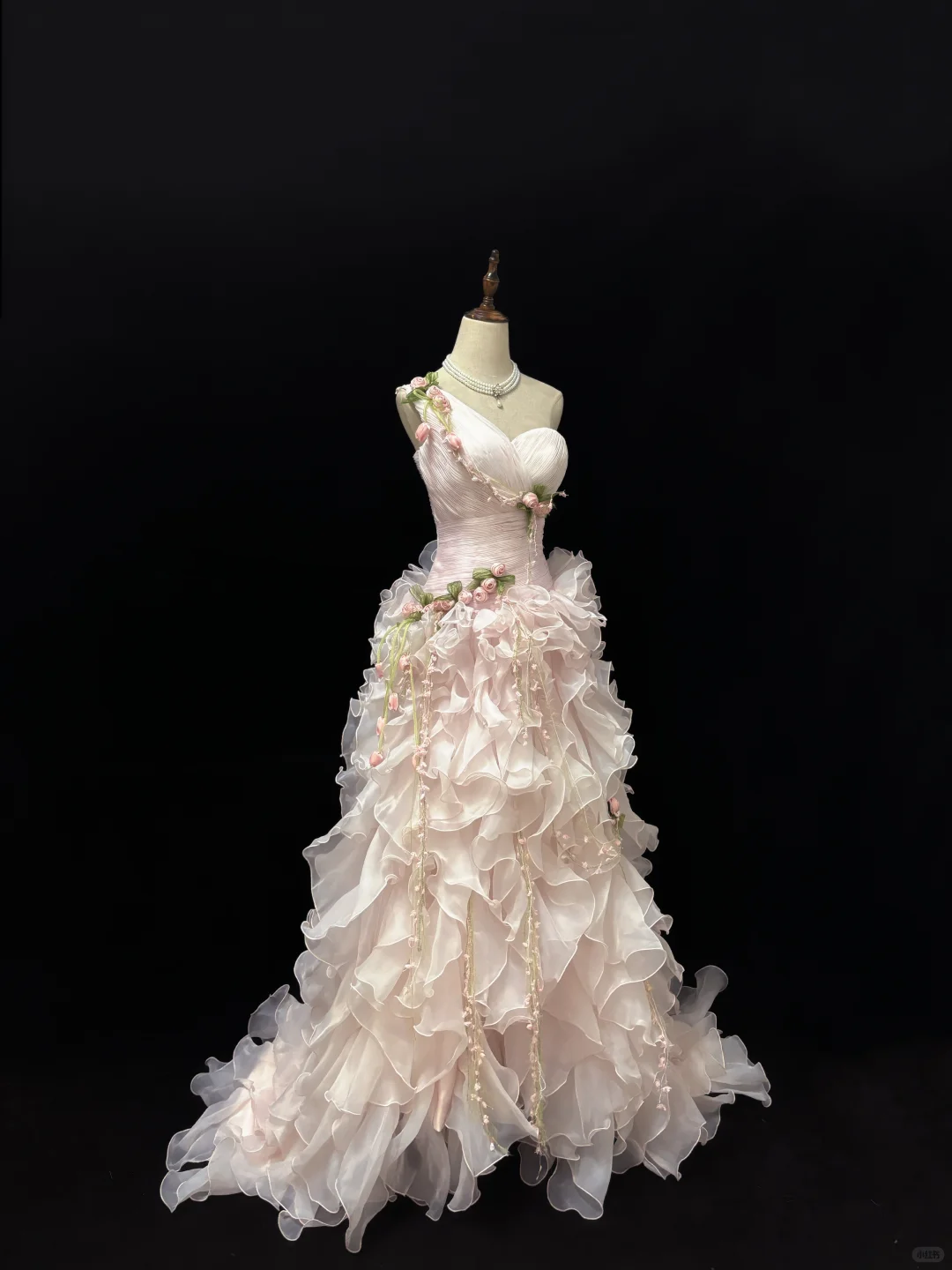 Blush Pink One-Shoulder Girly Elegant Cinched Waist Tiered Skirt Long Vintage Romantic Dress, Wedding Gown gh7985