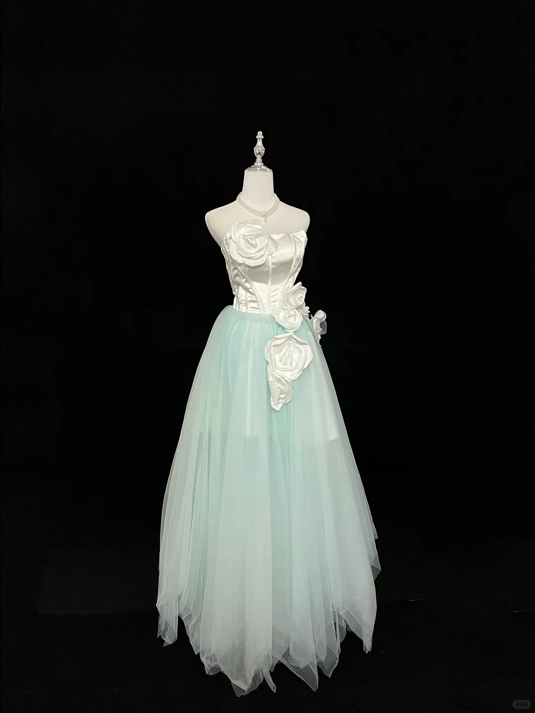 White Satin Strapless Cinched Waist Mint Green Skirt Elegant Long Romantic Gown gh7945