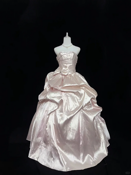 Blush Pink Luxury Satin Strapless, Cinched Waist, Voluminous Skirt, Girly Romantic Dress, Wedding Gown gh8031