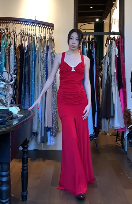Wide Strap V Neck Bright Red Evening Gown Ruched Bodice Front Slit Mermaid Long Prom Dress gh9698