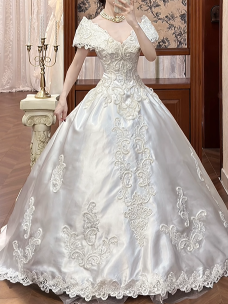White Vintage Satin Ball Gown Wedding Prom Dress, V‑Neck Lace Cape Sleeves, Baroque Lace Appliqués, A‑Line Long Train gh8696