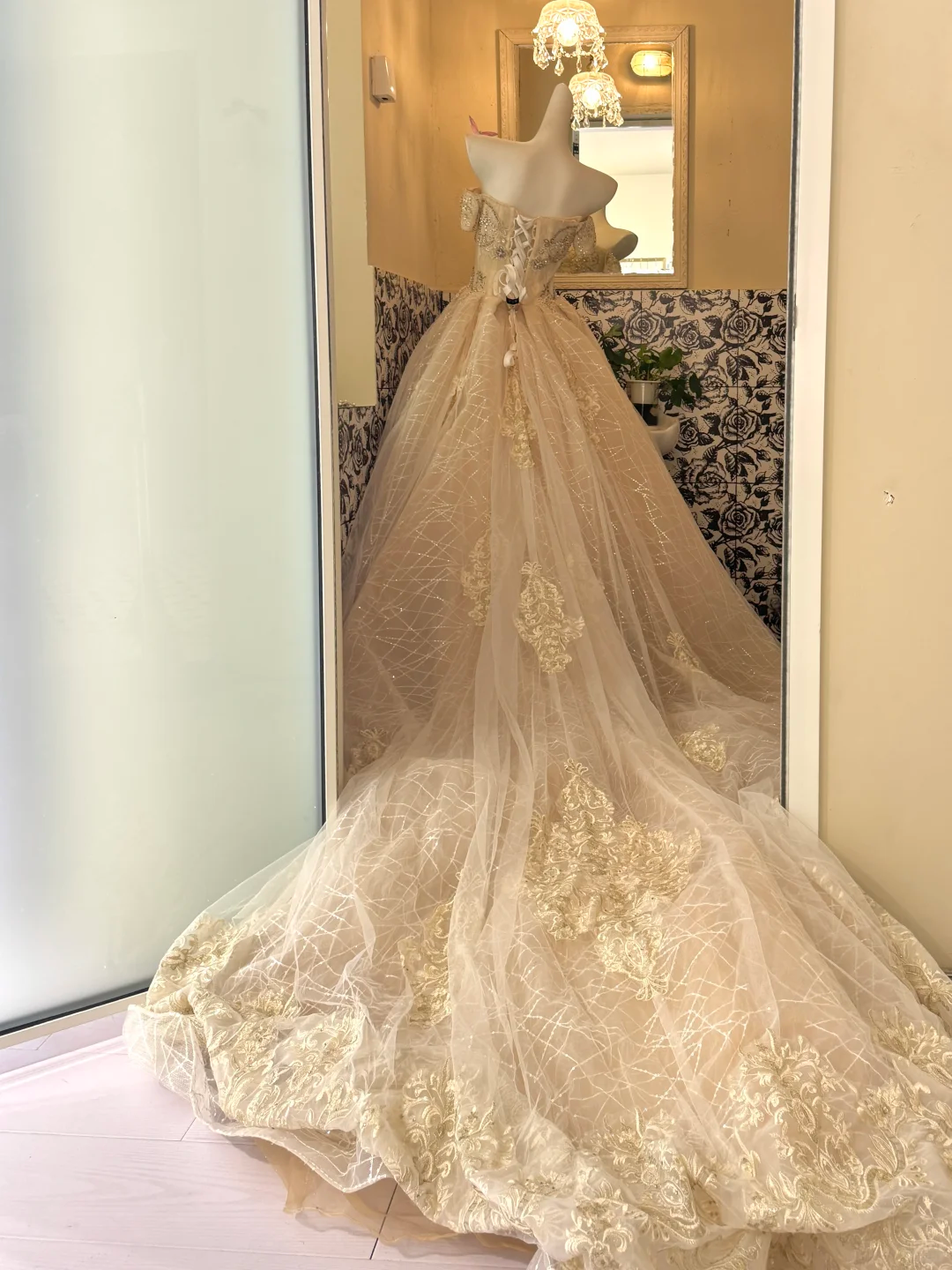 Light Apricot Off-the-Shoulder Waist-Cinched Full Flared Long Luxury Romantic Dress, Wedding Gown gh7672