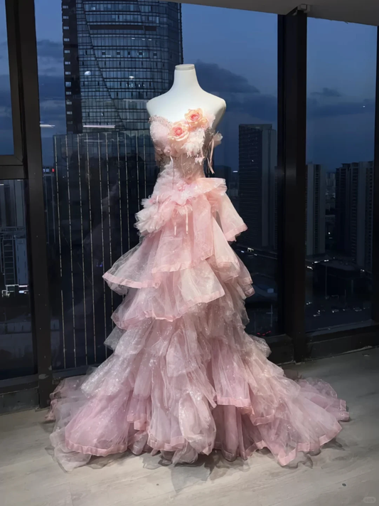 Light Pink Strapless Waist-Cinched Floral Long Evening Dress, Fairy Gown, Romantic Gown gh7371