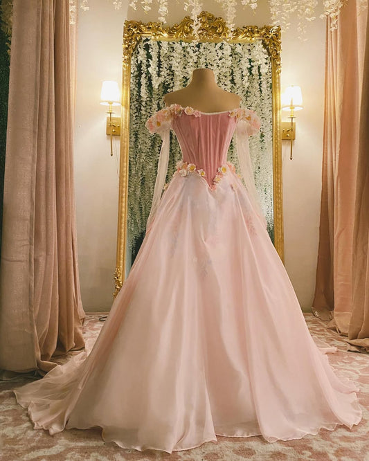 Pink Gorgeous Exquisite Floral Long Elegant Fairy Off-shoulder Tulle Ball Gown Evening Dress gh3243