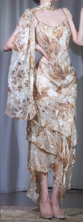 Champagne Floral Beaded Evening Dress, Spaghetti Strap Chiffon Gown with Printed Shawl & Layered Ruffle gh9911