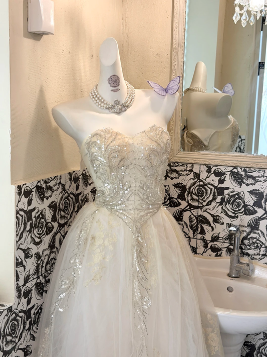 Ivory Strapless Sequined Waist-Cinched Full Flared Skirt Romantic Dress, Wedding Gown gh7727