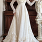 Cream Vintage Lace Wedding Gown, Square Neck With Ruffle Trim, Long Lace Sleeves, High Waist, Multi‑Tiered Ruffle Lace Long Train Prom Dress gh8629