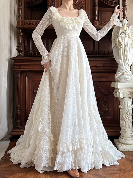 Cream Vintage Lace Wedding Gown, Square Neck With Ruffle Trim, Long Lace Sleeves, High Waist, Multi‑Tiered Ruffle Lace Long Train Prom Dress gh8629