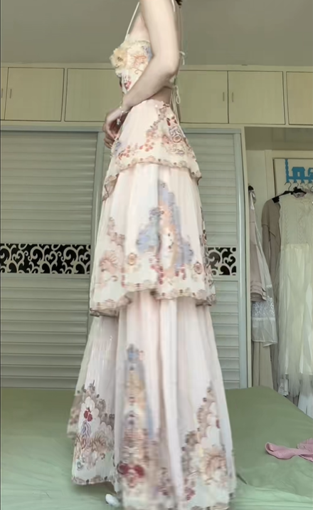 Light Pink Vintage Oil‑Painting Print Spaghetti Strap Long Gown, Lace Trim Tiered Cake Skirt Floral Formal Prom Dress gh8987
