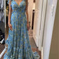 Blue elegant chiffon floral long prom dress evening gown garden party dress gh2800