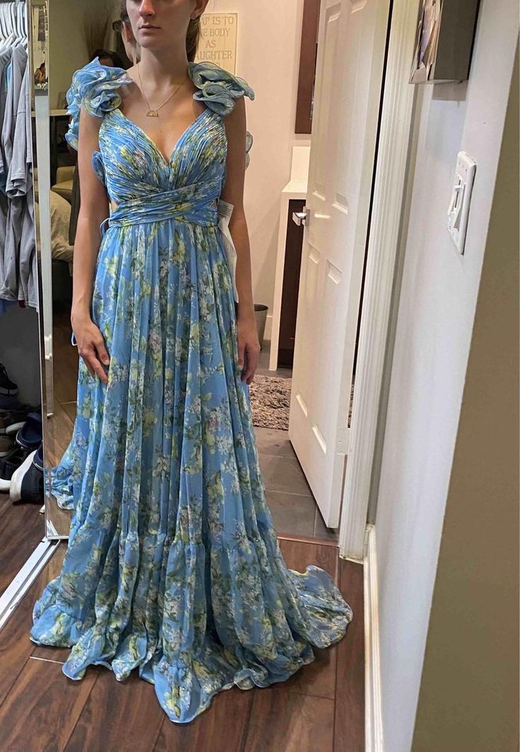 Blue elegant chiffon floral long prom dress evening gown garden party dress gh2800