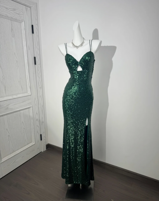 Glitter Dark Green Sequin Cami Dress, Waist-Cinched Bodycon Sexy Prom & Evening Gown gh7223