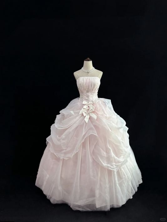 Blush Pink Strapless, Cinched Waist, Voluminous Princess Skirt, Long Elegant Romantic Dress, Wedding Gown gh8082