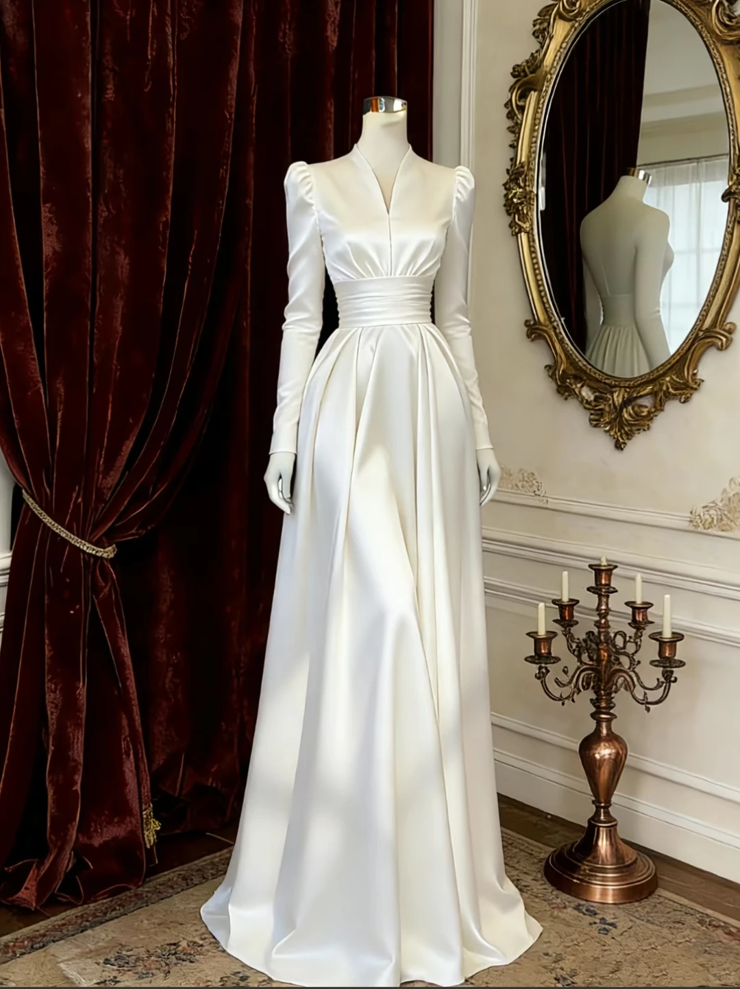 Luxury V-Neck Long Sleeve Waist-Cinched Fitted Full Flared Long Evening Dress, Fairy Gown, Romantic Gown gh7492