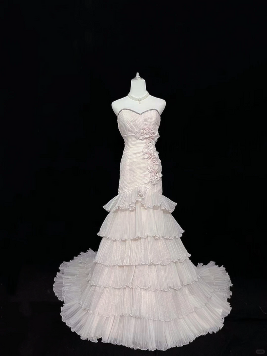 Blush Pink Strapless, Cinched Waist, Slim Fit Sexy Mermaid Skirt Long Romantic Dress, Wedding Gown gh8032