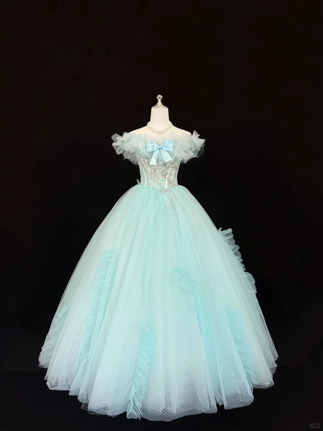 Light Blue Off-the-Shoulder Floral Neckline Cinched Waist Voluminous Princess Skirt Romantic Dress, Wedding Gown gh7860