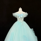 Light Blue Off-the-Shoulder Floral Neckline Cinched Waist Voluminous Princess Skirt Romantic Dress, Wedding Gown gh7860
