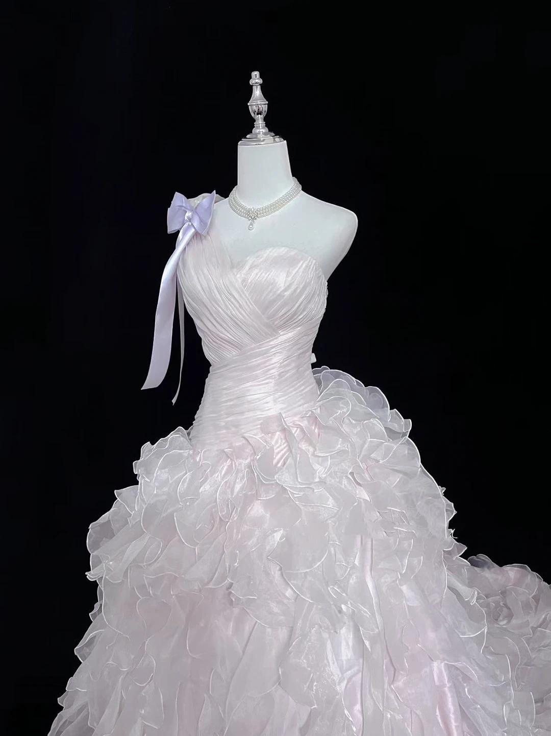 Blush Pink One-Shoulder Cinched Waist Voluminous Tiered Skirt Long Vintage Romantic Dress, Wedding Gown gh7986