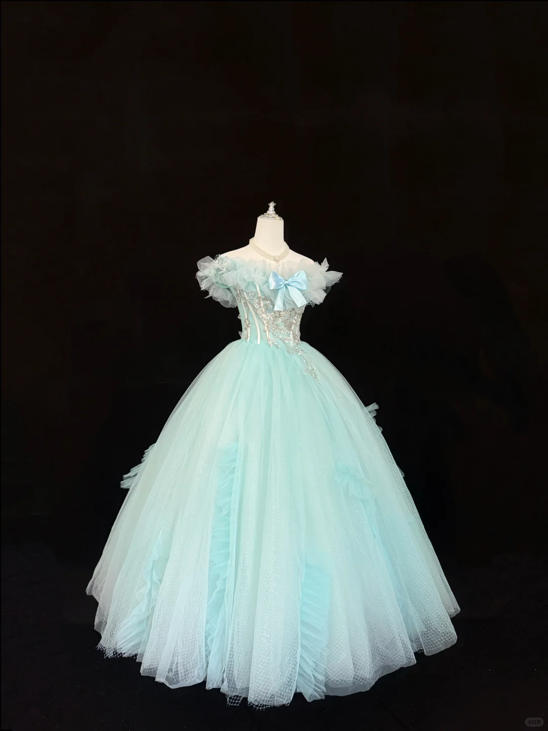 Light Blue Off-the-Shoulder Floral Neckline Cinched Waist Voluminous Princess Skirt Romantic Dress, Wedding Gown gh7860