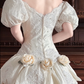 Cream Vintage Satin Ball Gown, Sweetheart Off‑The‑Shoulder Puff Short Sleeves, Lace Appliqué Beaded Bodice, Lace Waistband, Voluminous Pleated Skirt, Wedding Prom Dress gh8633