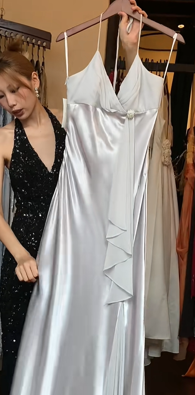 Silver Satin Spaghetti Strap Prom Dress Deep V Neck Ruffled Long Formal Evening Gown gh9835