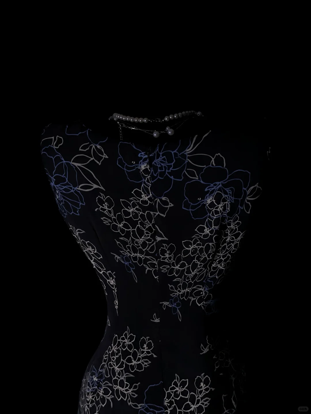 Black Evening Gown With Blue‑White Line Floral Print, Sleeveless Round Neck, Fitted Waist, Midi Mermaid Ruffled Hem, Vintage Formal Prom Party Dress gh8894