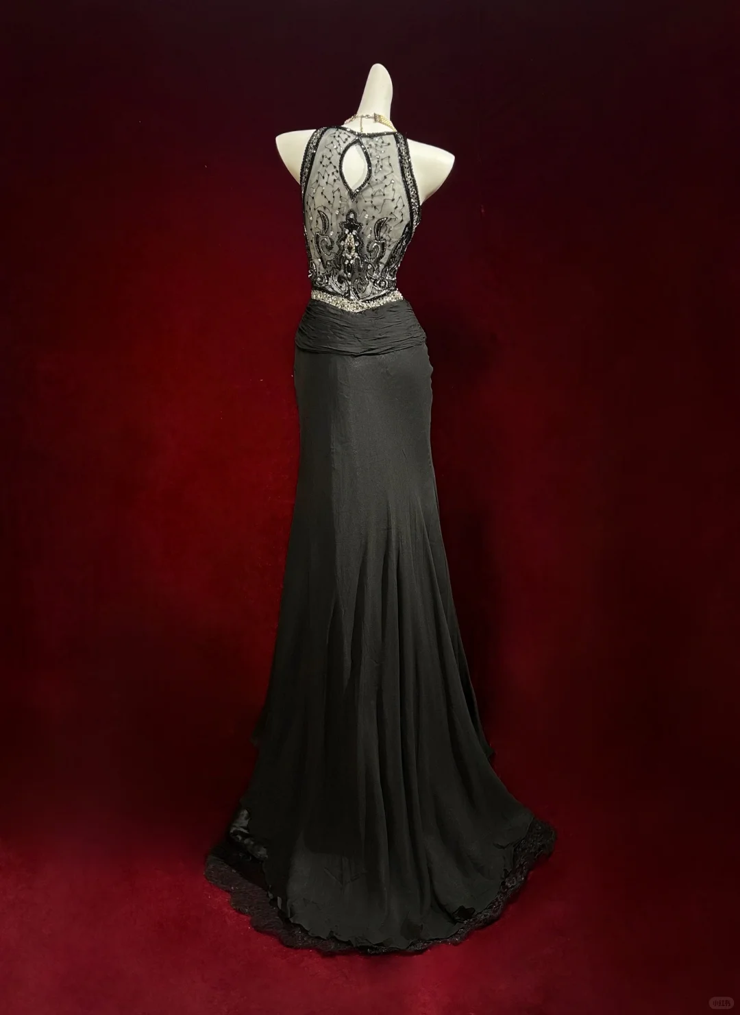 ✨Girlhomeshops-Black Halter Beaded Mermaid Gown Chiffon Lace Gatsby Style gh10148