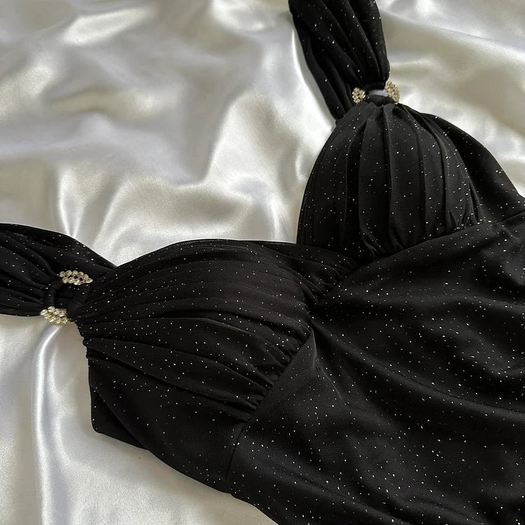 Robe de soirée longue en mousseline de soie noire brillante et élégante gh4232