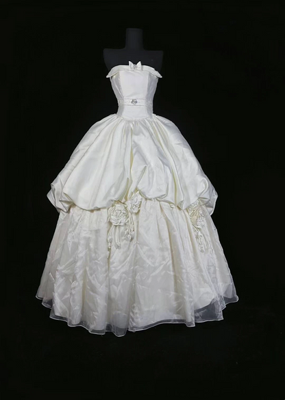 White Strapless Waist-Cinched Voluminous Skirt Gown | For Birthday & Graduation Parties gh7163
