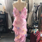 Dreamy elegant spaghetti strap pink layered ruffle maxi dress long chiffon evening gown ball gown gh2905