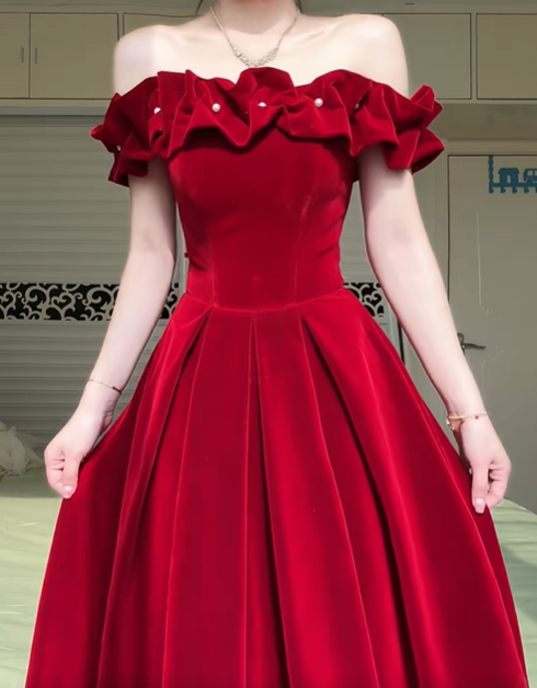 Burgundy Off‑The‑Shoulder Velvet Long Evening Gown, Ruffled Pearl A‑Line Formal Prom Dress gh9035