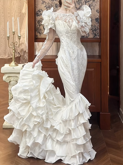 White Vintage Satin Mermaid Wedding Prom Dress, Bateau Neck Illusion Sweetheart, 3D Floral Shoulder, Single Lace Long Sleeve, Multi‑Tier Ruffled Cake Train gh8687