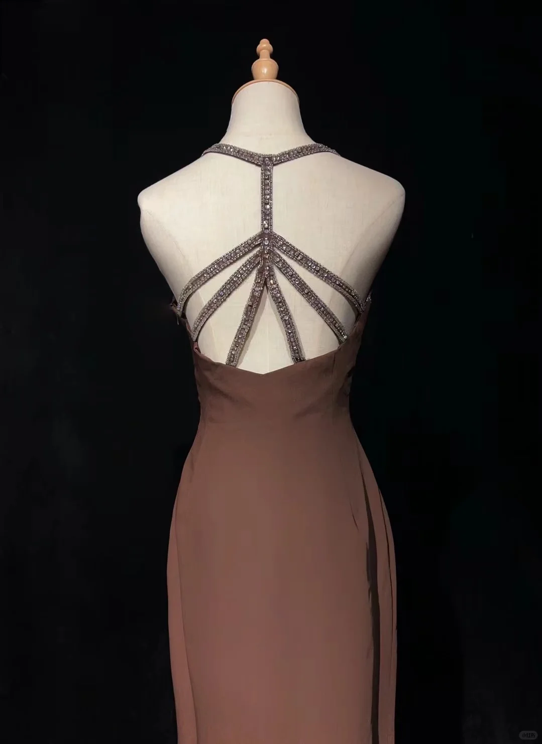 ✨Girlhomeshops-Coffee Spaghetti Strap Beaded Gown High Side Slit Sheath gh10144