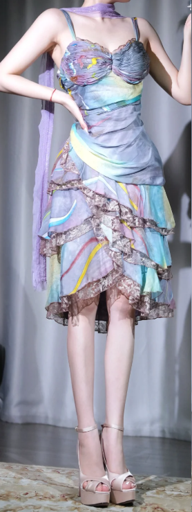 ✨Girlhomeshops-Rainbow Ombre Bow Short Prom Gown, Spaghetti Strap Ruffle Lace Evening Party Dress gh10124