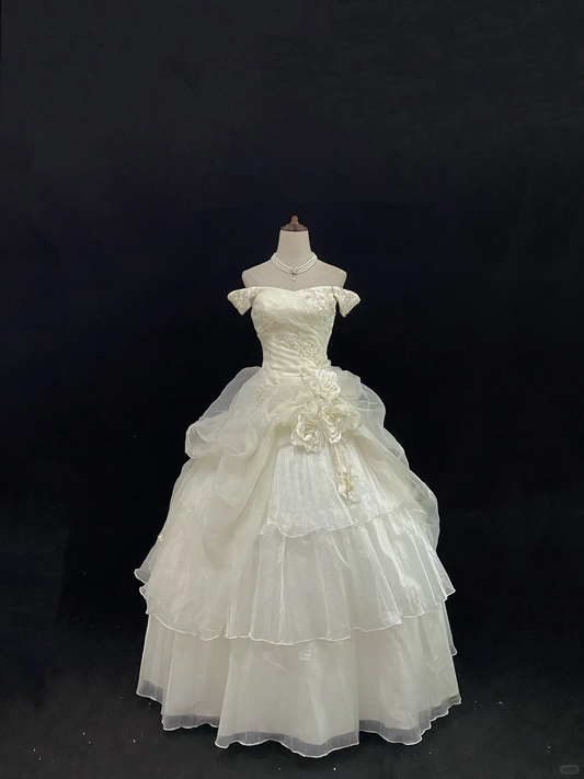 Off-White Off-the-Shoulder Luxury Romantic Gown with Cinched Waist & Voluminous Princess Skirt, Wedding Dress gh8122