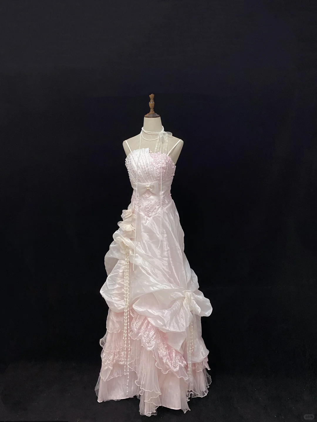 Blush Pink Spaghetti Strap Vintage Long Elegant Romantic Gown, Embroidery Detail, Cinched Waist, Wedding Dress & Bridal Gown gh8167