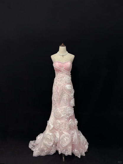 Blush Pink Strapless, Cinched Waist, Slim Fit, Rhinestone Rose Details, Charming Long Romantic Dress, Wedding Gown gh8083
