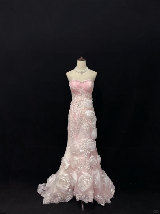 Blush Pink Strapless, Cinched Waist, Slim Fit, Rhinestone Rose Details, Charming Long Romantic Dress, Wedding Gown gh8083