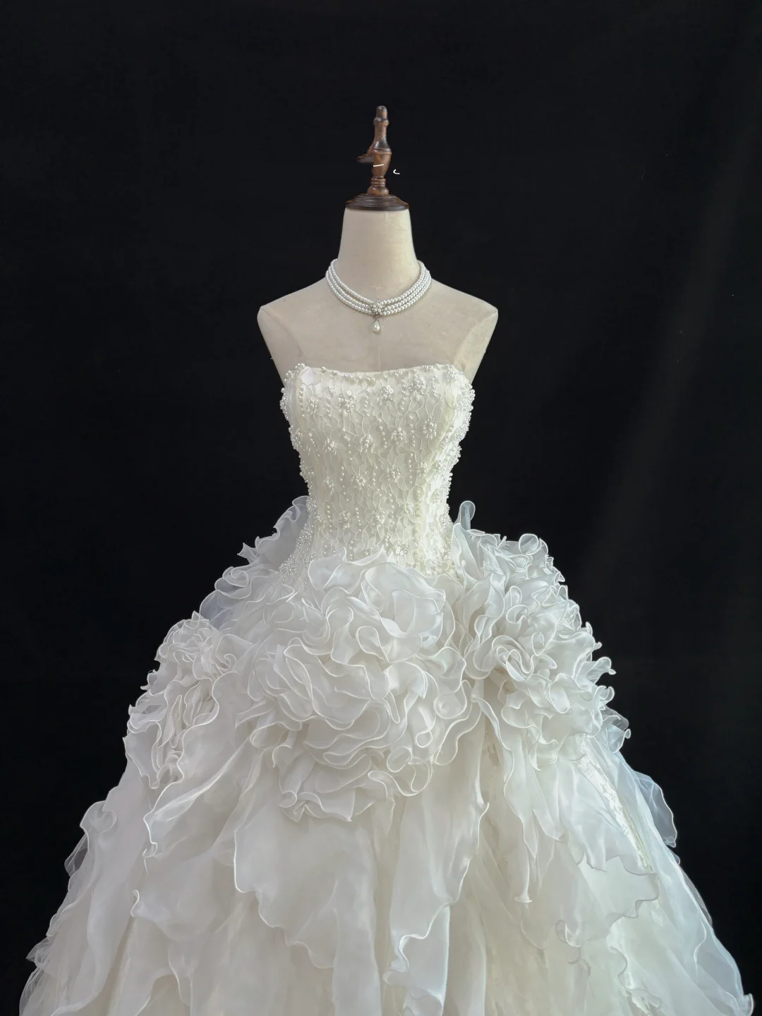 Off White Strapless Beaded Cinched Waist Voluminous Tiered Skirt Luxury Romantic Dress, Wedding Gown gh8033