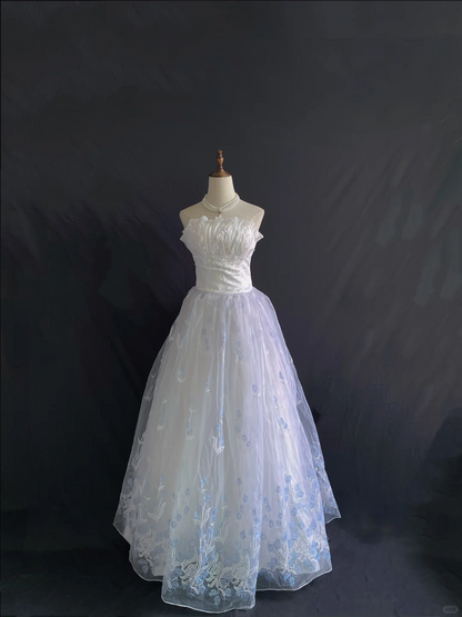 White Strapless Long Romantic Gown With Light Blue Lace Skirt, Wedding Dress & Bridal Gown gh8207