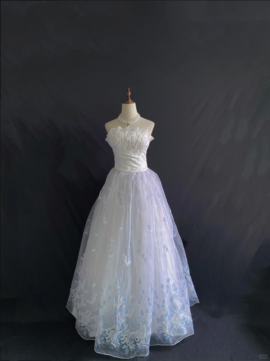 White Strapless Long Romantic Gown With Light Blue Lace Skirt, Wedding Dress & Bridal Gown gh8207