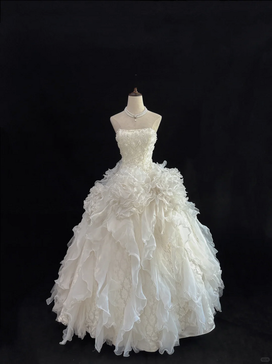 Off White Strapless Beaded Cinched Waist Voluminous Tiered Skirt Luxury Romantic Dress, Wedding Gown gh8033