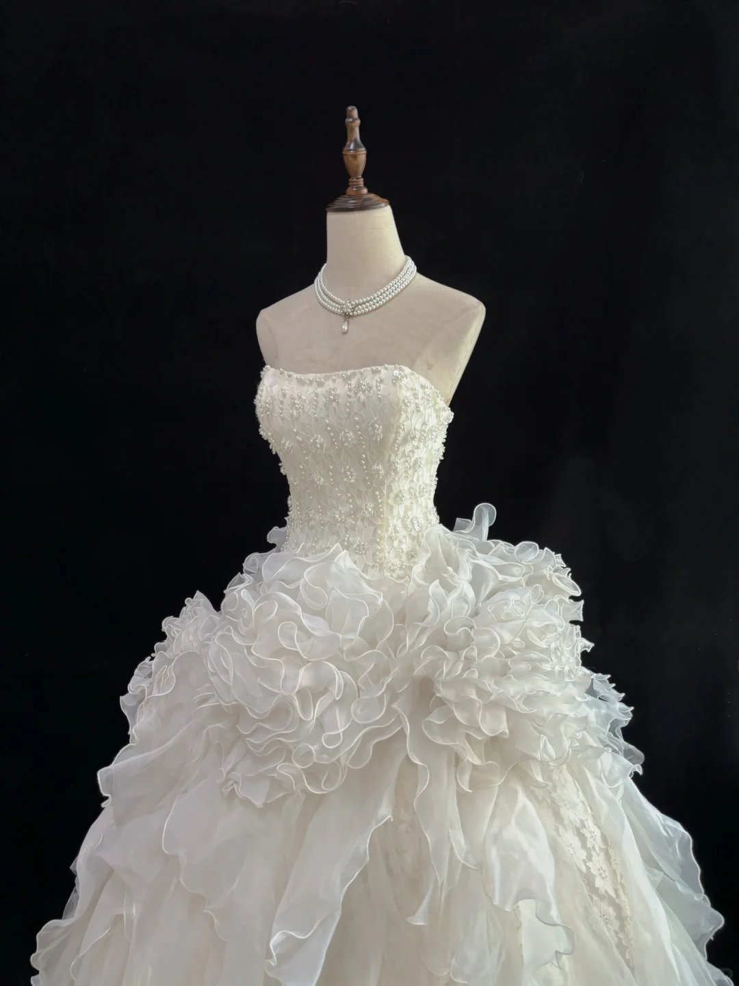 Off White Strapless Beaded Cinched Waist Voluminous Tiered Skirt Luxury Romantic Dress, Wedding Gown gh8033