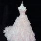 Blush Pink Bow Strapless Girly Cinched Waist Voluminous Tiered Skirt Long Romantic Dress, Wedding Gown gh7987