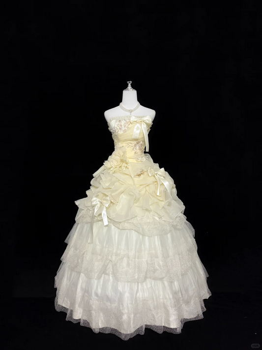 Pale Yellow Strapless Cinched Waist Voluminous Princess Skirt Long Romantic Dress, Wedding Gown gh7861