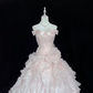 Blush Pink Bow Strapless Girly Cinched Waist Voluminous Tiered Skirt Long Romantic Dress, Wedding Gown gh7987
