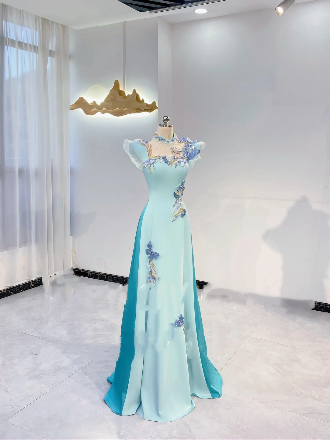 Light Blue-Green Waist-Cinched Fitted Long Evening Dress, Fairy Gown, Romantic Gown gh7414