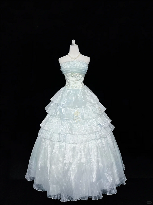 Light Blue Strapless Cinched Waist Voluminous Skirt Long Romantic Dress, Wedding Gown gh7947